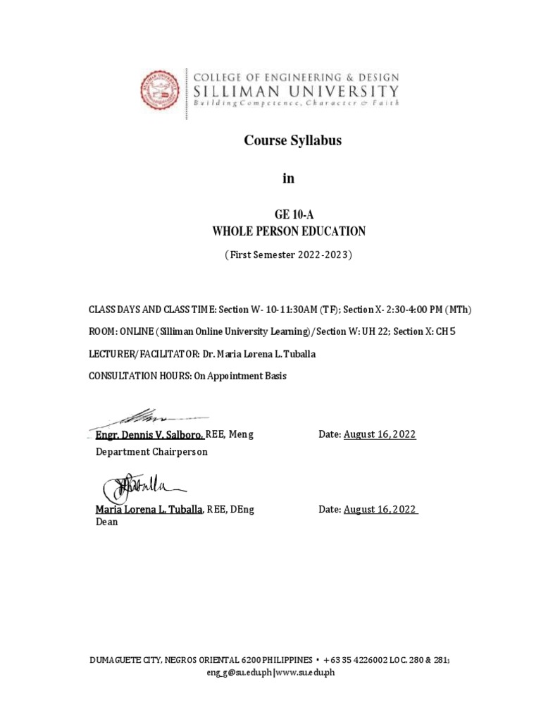 Course Syllabus GE 10A (1SEM 2022 2023) PDF Distance Education