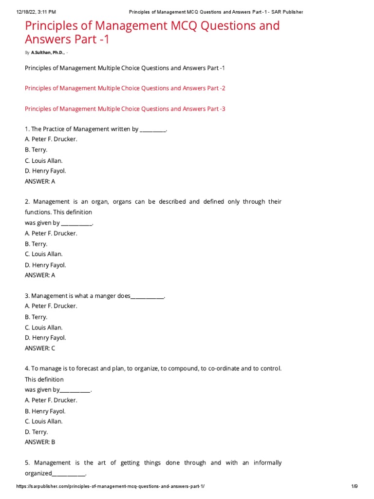 Principles of Management MCQ Questions and Answers Part 1 SAR