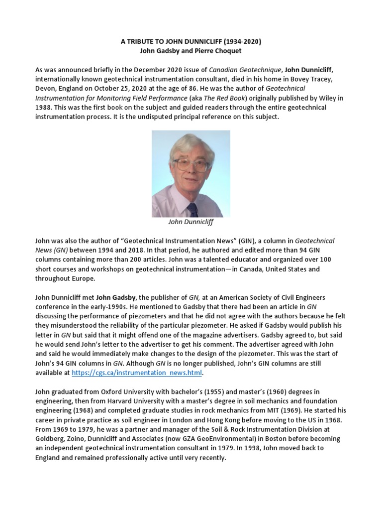 A Tribute To John Dunnicliff | PDF | Geotechnical Engineering | Engineering