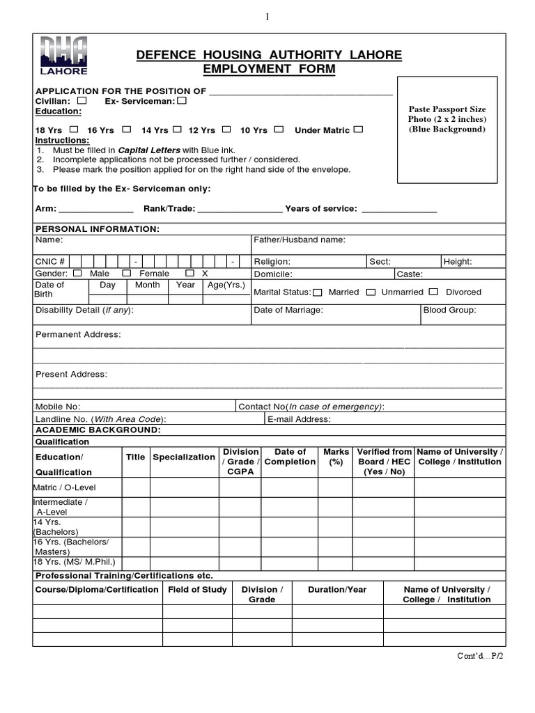 DHA Lahore Job Application Form | PDF