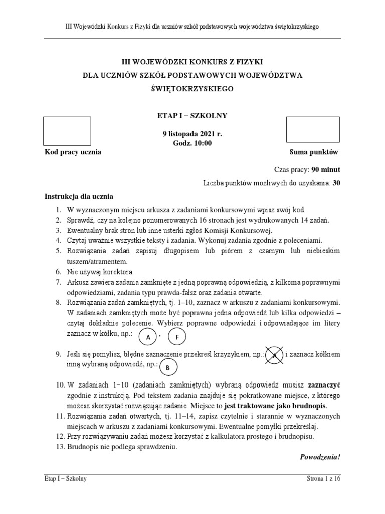 Konkurs Przedmiotowy Z Matematyki Arkusze III Wojewodzki Konkurs Z Fizyki - I Etap - Arkusz Z Zadaniami | PDF