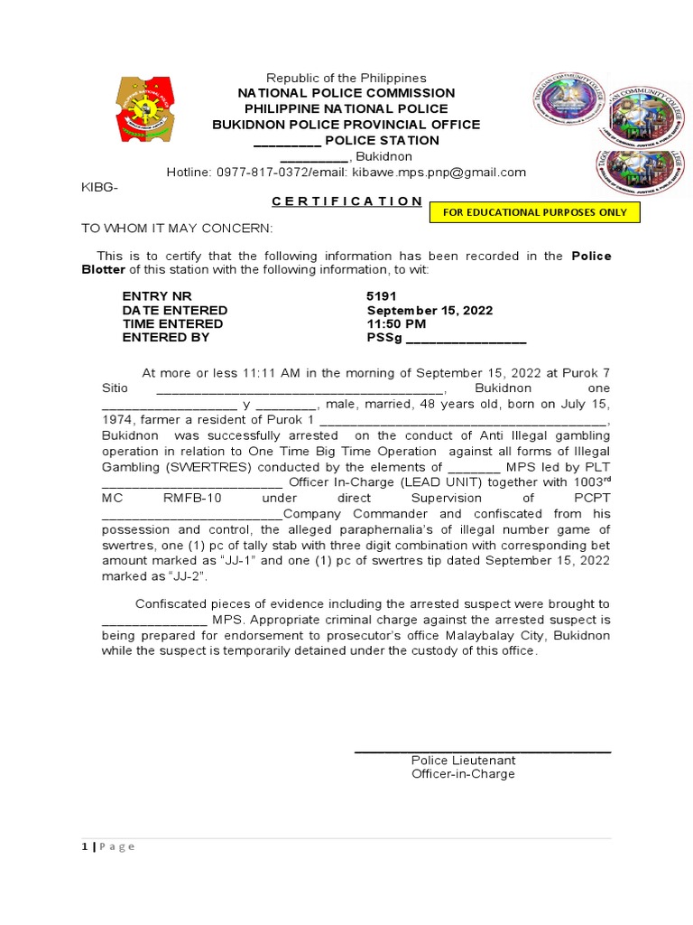 Police Blotter Form Sample | PDF | Police | Common Law