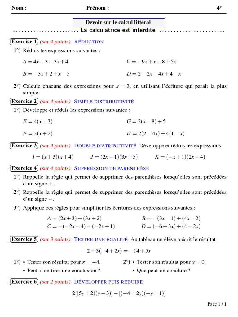 Devoir sur le calcul littéral 4e | PDF