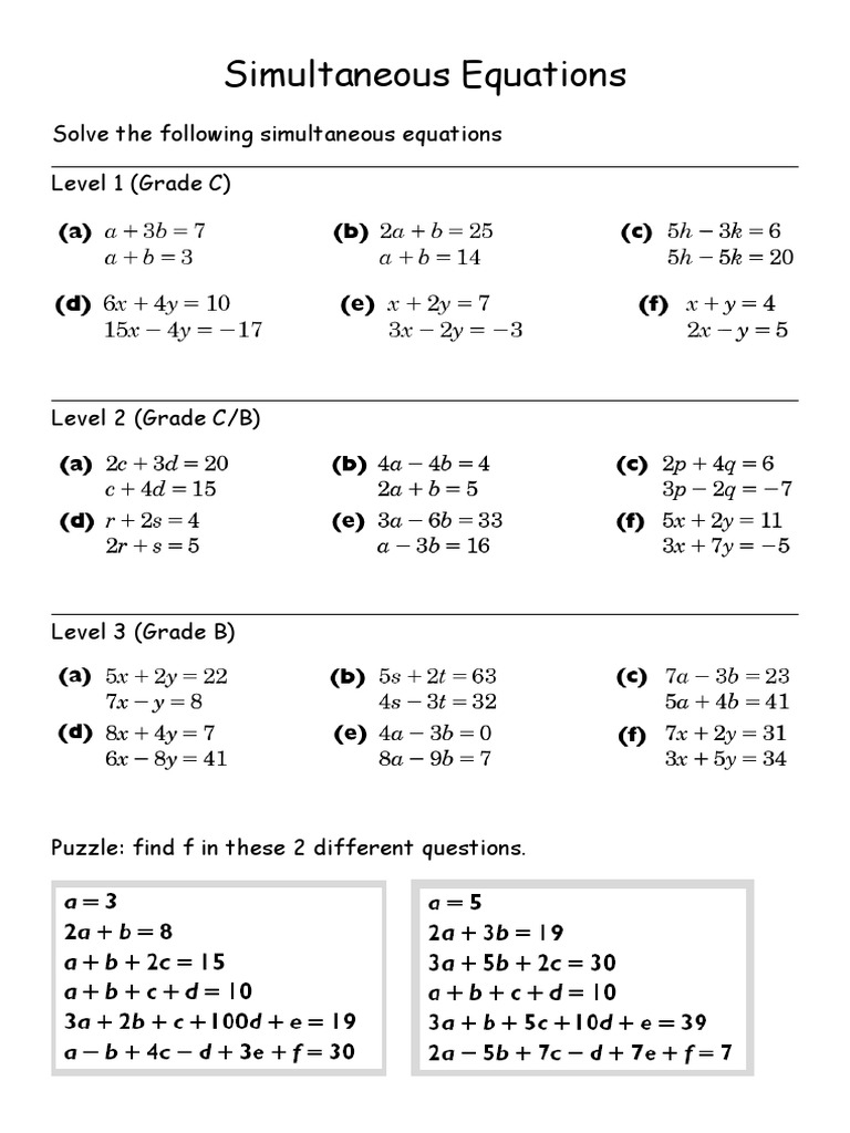 Simultaneous Equations by Level | PDF