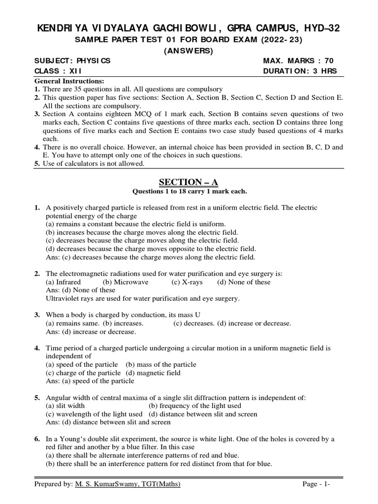 Class 12 Physics Sample Paper 2022-23 | PDF | Inductance | Diffraction
