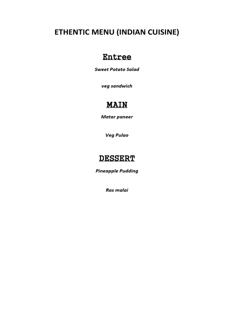 Indian Ethnic Cuisine Menu | PDF