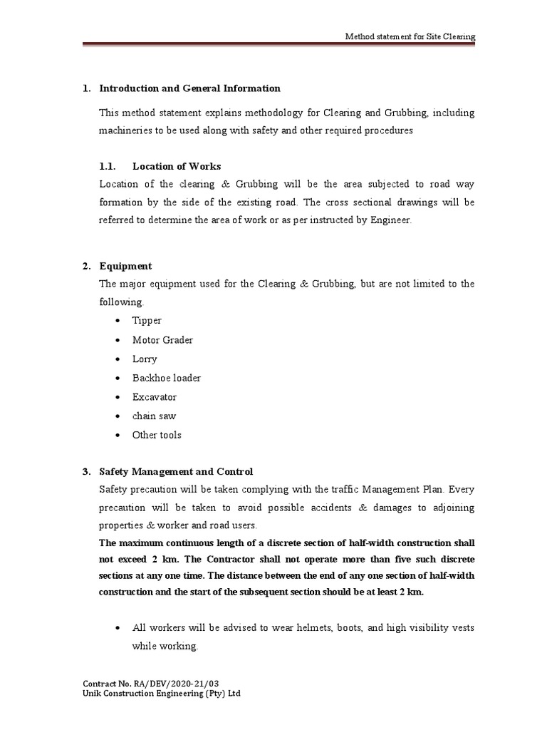 Site Clearing Method Statement Guide | PDF | Loader (Equipment) | Truck