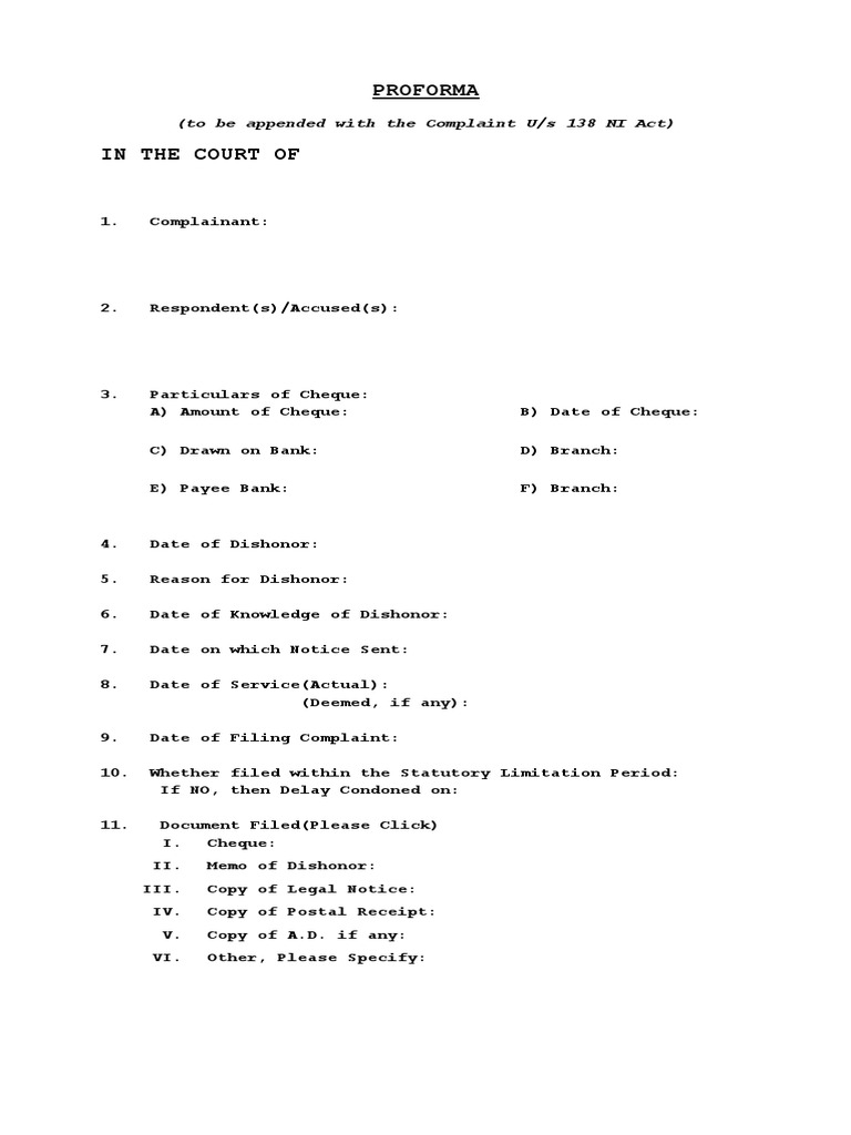 Proforma for 138 NI Act Complaint | PDF | Law