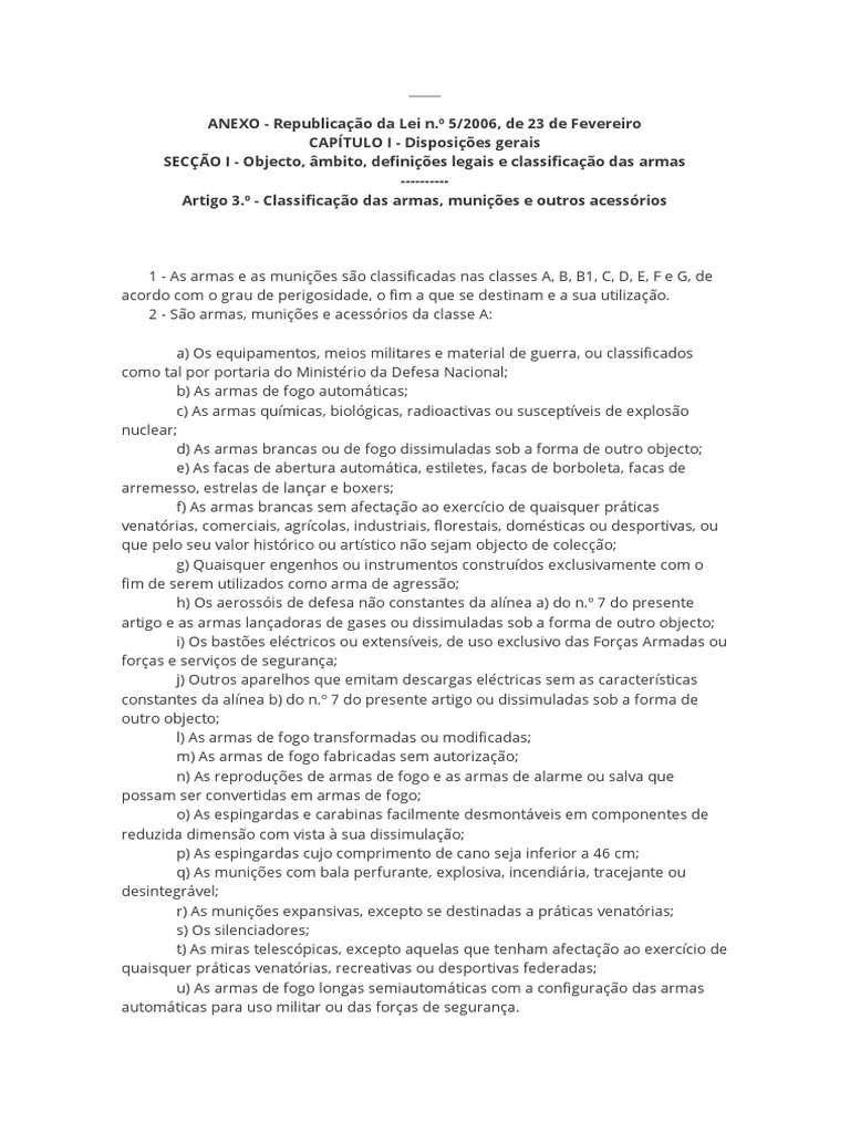 Classifica o das armas muni es e acess rios segundo a lei no 5 2006