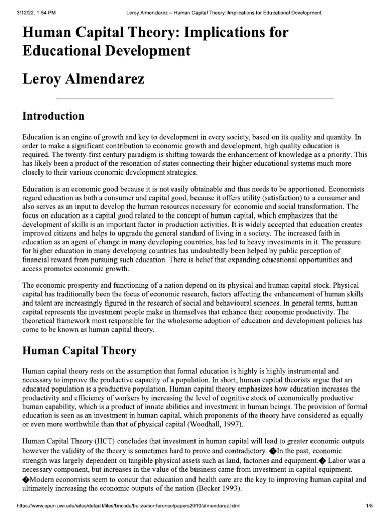 Human Capital Theory Implications For Educational Development PDF
