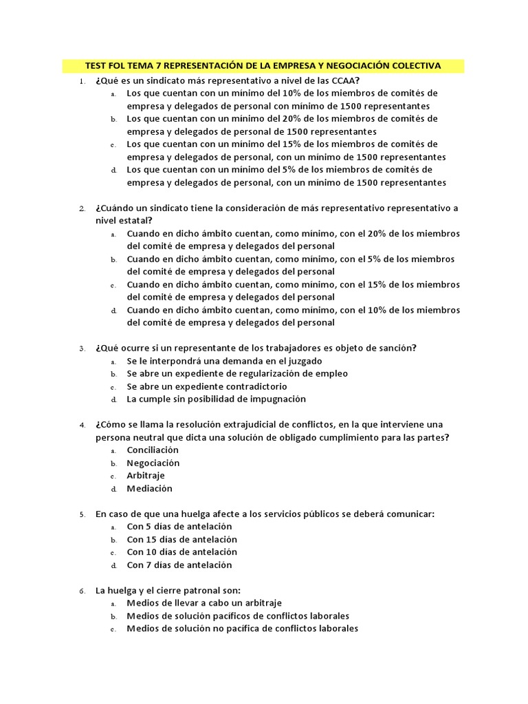 Test Fol Tema 7 Representación en La Empresa y Negociación Colectiva ...