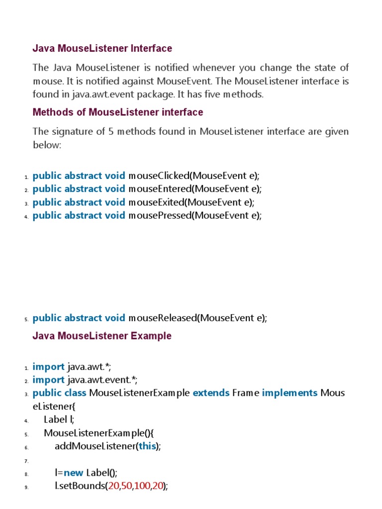 Java MouseListener Interface PDF Class Programming