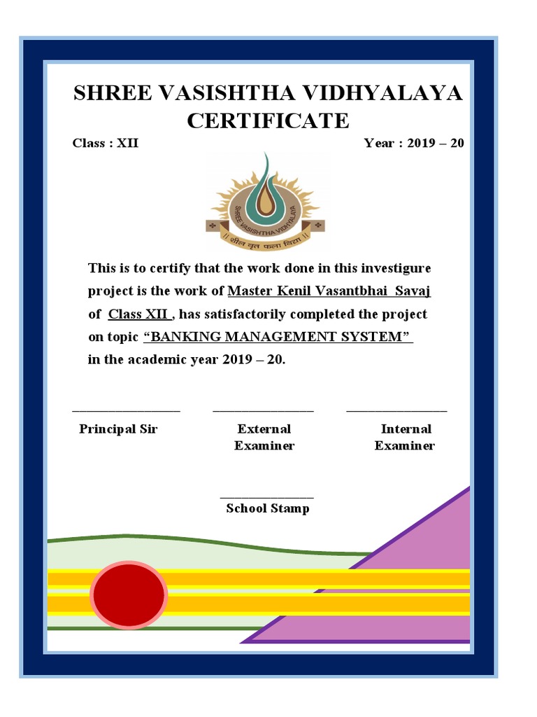 Shree Vasishtha Vidhyalaya Certificate | PDF