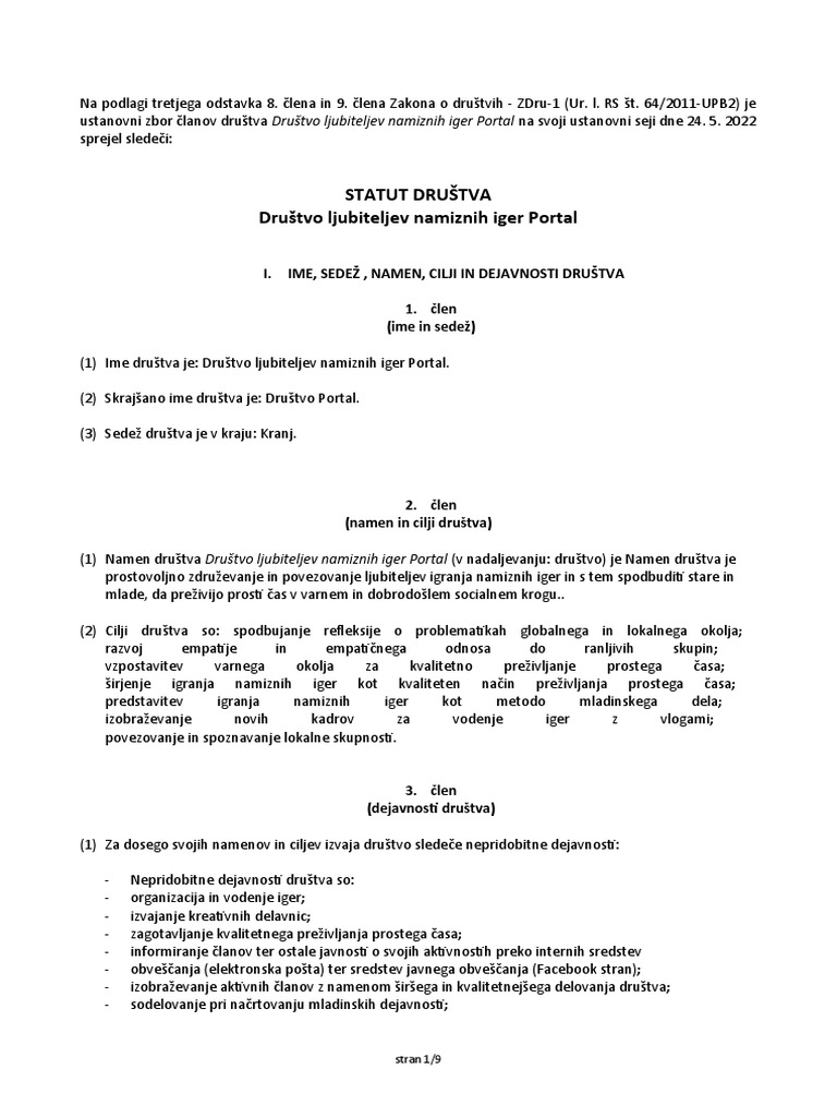 Ustanovitev Drustva-Statut | PDF