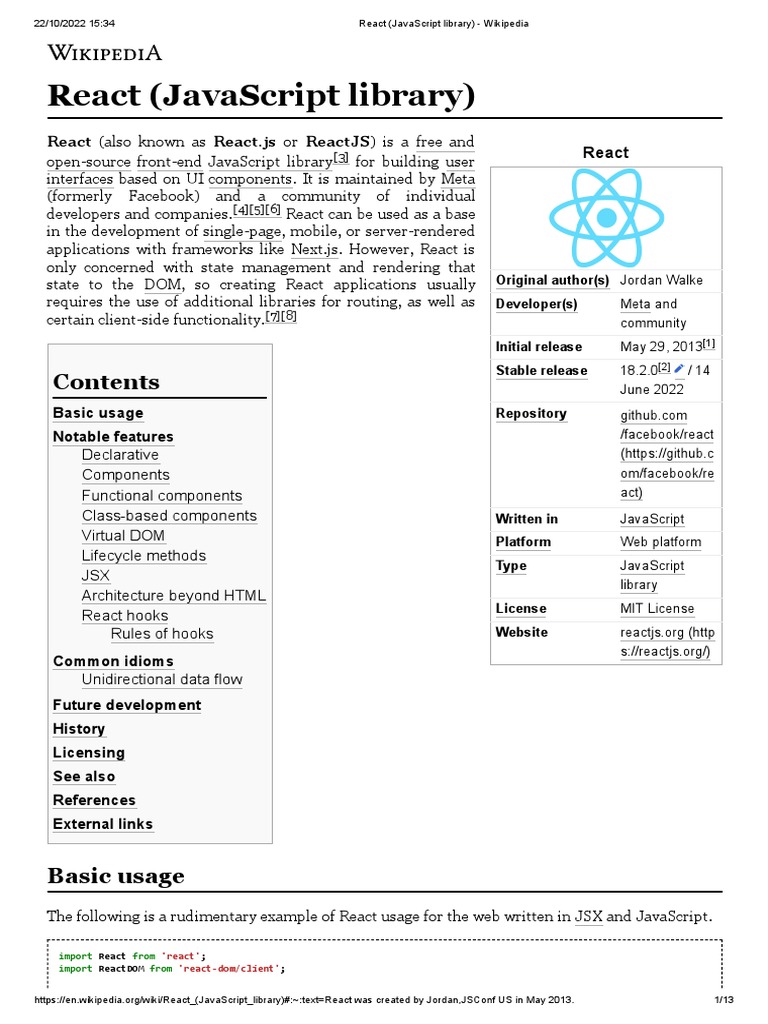 React (JavaScript Library) - Wikipedia | PDF | Computer Science ...