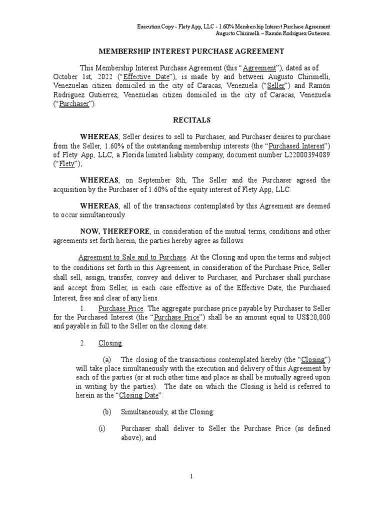Execution Copy 1 60% Membership Interest Purchase Agreement RARG