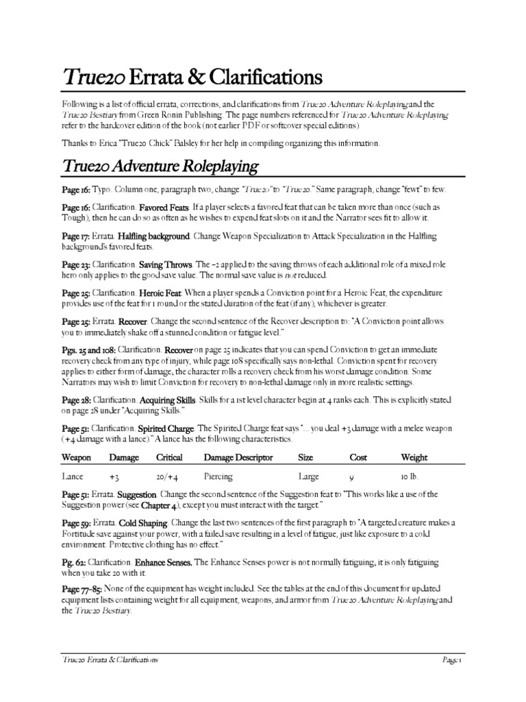 True20 Errata & Clarifications | PDF | Sport Utility Vehicle | Equipment
