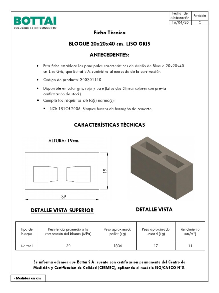 Bloque Liso Gris 20x20x40 | PDF