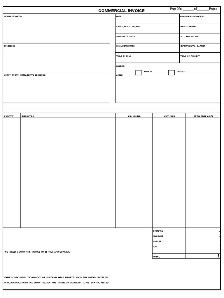 Commercial Invoice Template PDF Business Economies