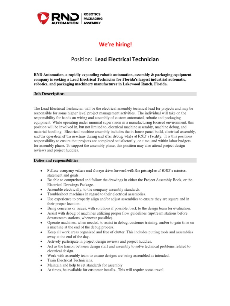 Lead Electrical Technician RND PDF Automation Electrician