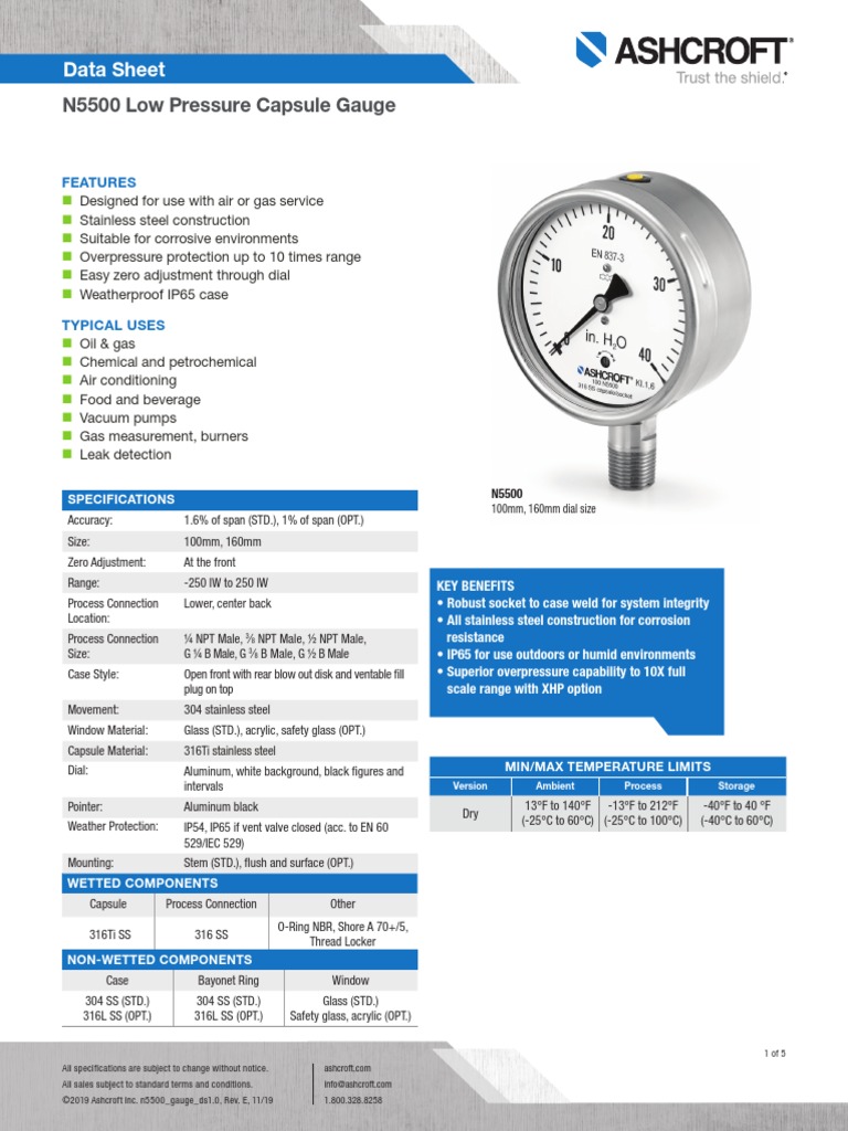 Datasheet n5500 Low Pressure Capsule Gauge PDF Stainless Steel Sheet Metal