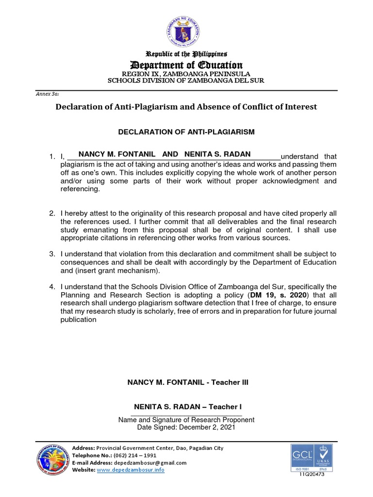 AR1 SAMPLE Annex 3a Declaration of Anti PlagiarismF | PDF | Plagiarism ...