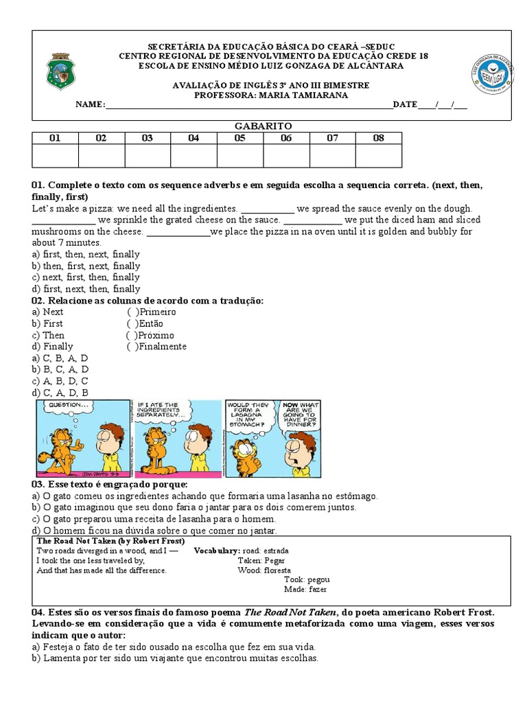 Avaliacao 3 Ano III | PDF | Língua inglesa