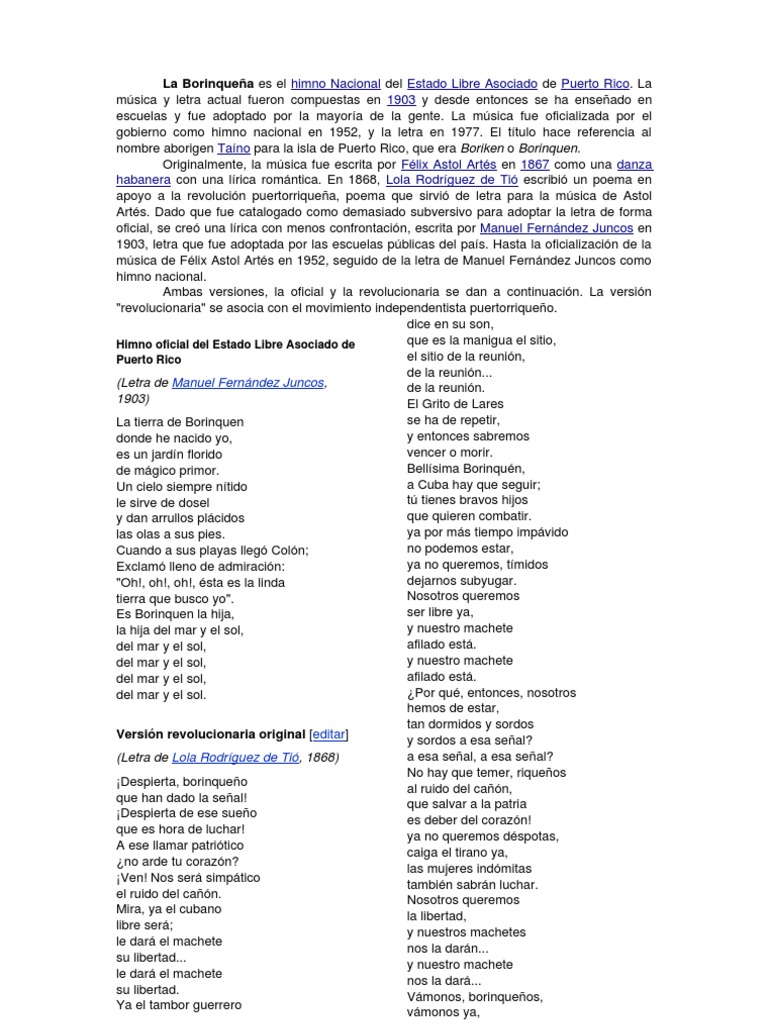 La Borinqueña es el himno Nacional del Estado Libre Asociado de Puerto