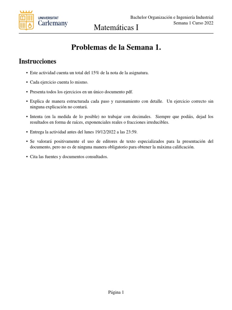 Problemas de Matemáticas I - Semana 1 | PDF | Valores propios y ...