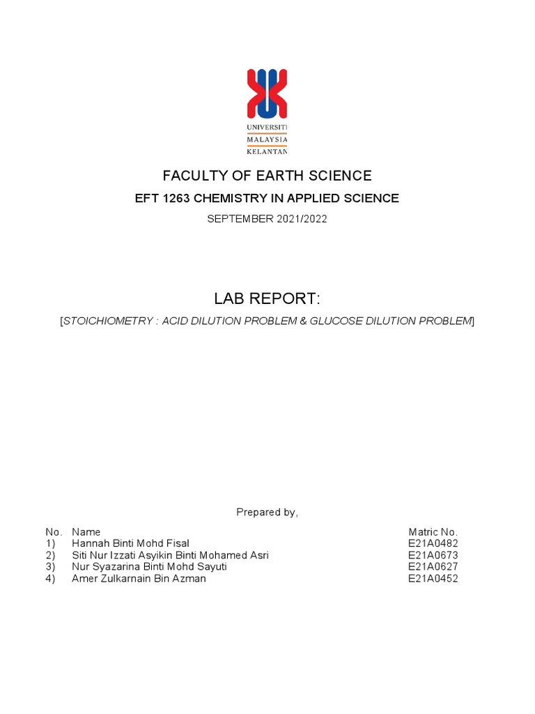 Lab Report 1 (E21A0482) PDF Concentration Hydrochloric Acid
