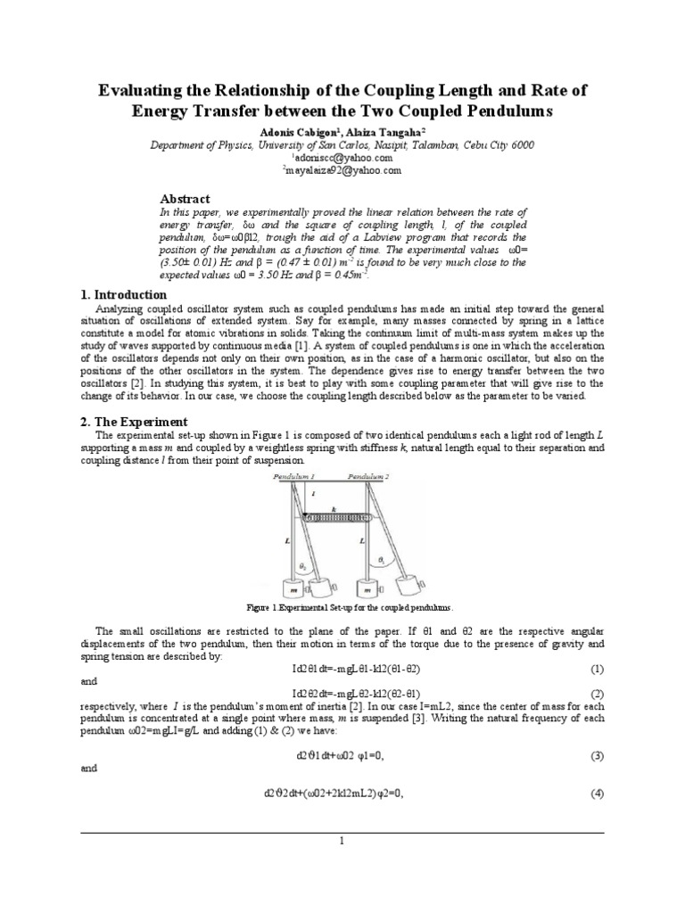 Coupled Pendulumlab Report Resonance Normal Mode