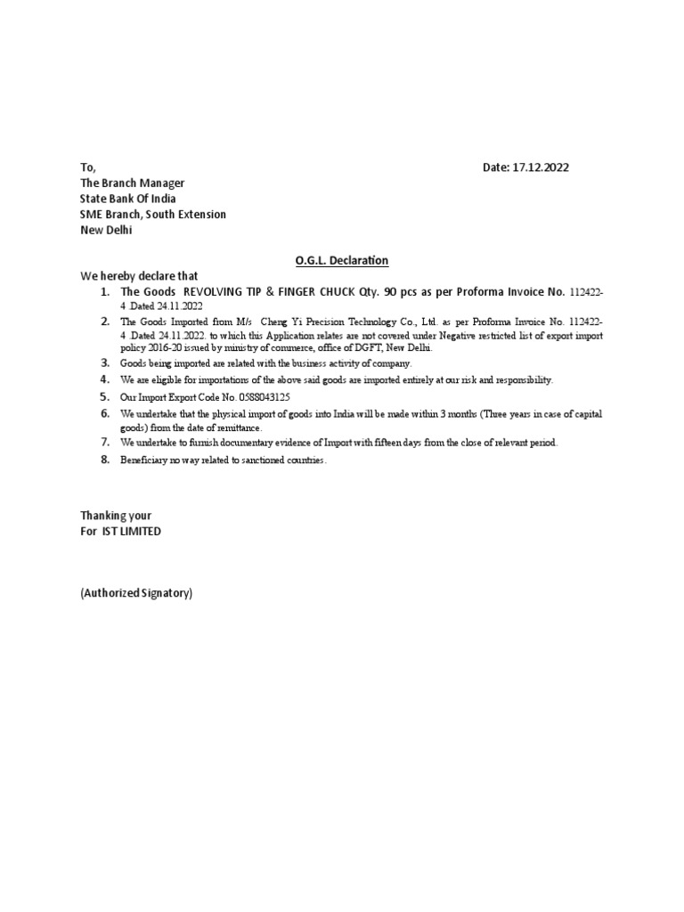 O.G.L. Declaration for Import Goods | PDF