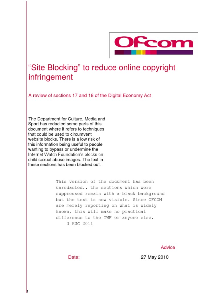 Ofcom Site Blocking Report With Redactions Removed PDF Copyright Infringement Computer Network
