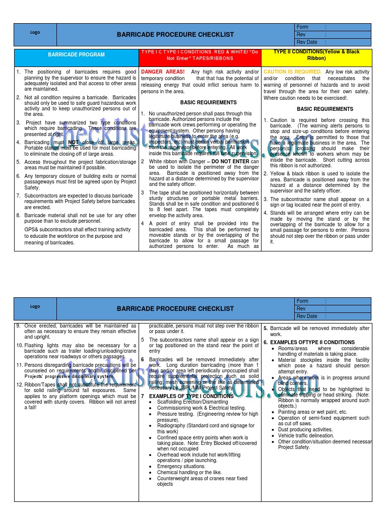 Barricade Procedure Checklist Inspection Free Template PDF Crane