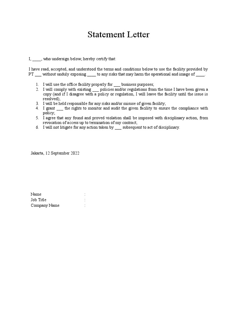 Company Facility Usage Statement Letter | PDF | Finance & Money Management