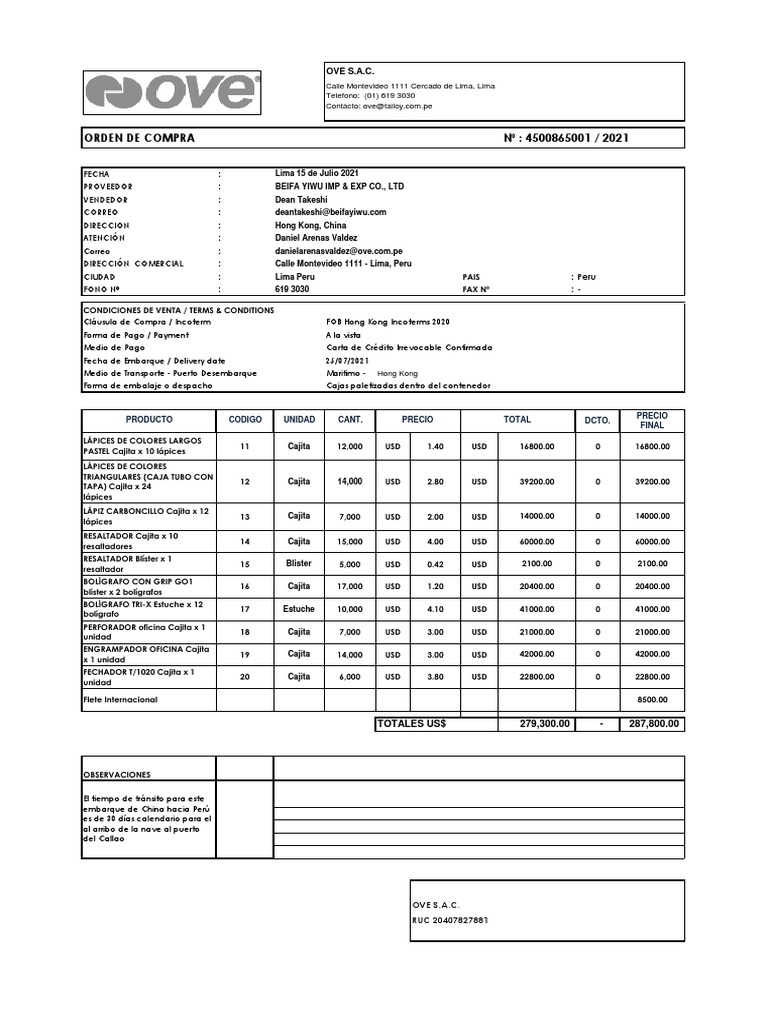 Orden de Compra: Lápices y Materiales de Oficina | PDF | El comercio ...