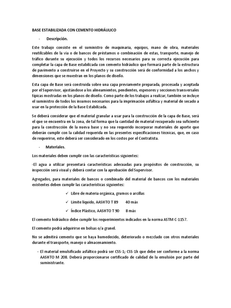 Especificaciones de Base Cementada | PDF | Cemento | Riego