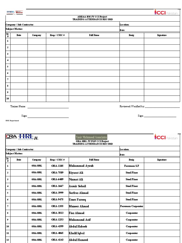 ATTENDANCE SHEET FOR TRAINING PROGRAM intelligence overview