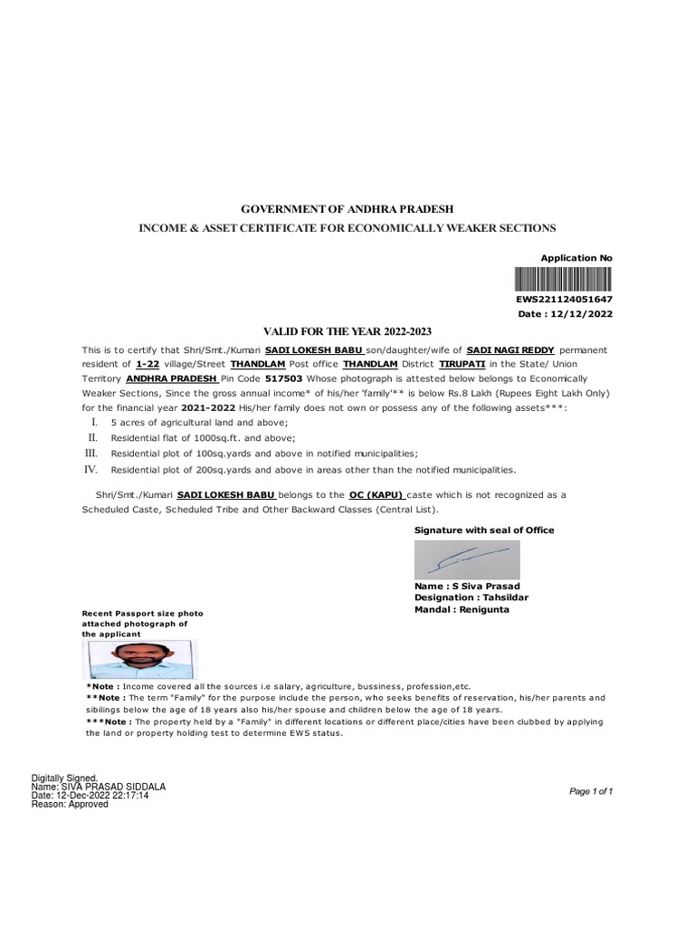 & Asset Certificate For Economically Weaker Sections