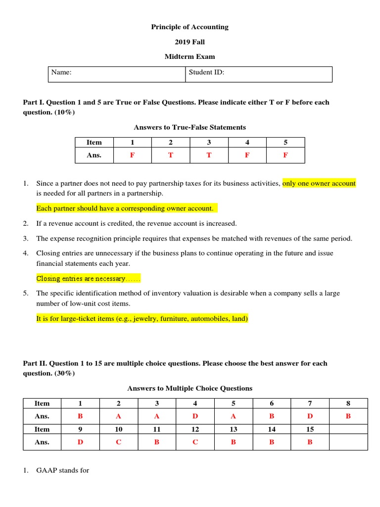 Principles of Accounting 2019 Fall Midterm Exam | PDF | Debits And ...