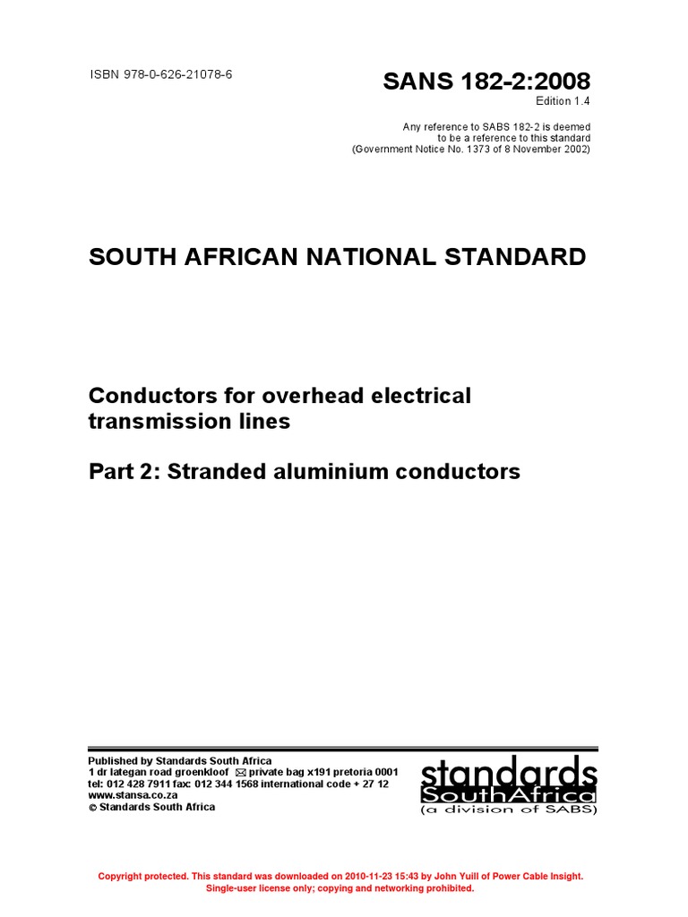 SANS 1822 Conductors For Overhead Electrical Transmission Lines. AAC PDF Wire Electrical