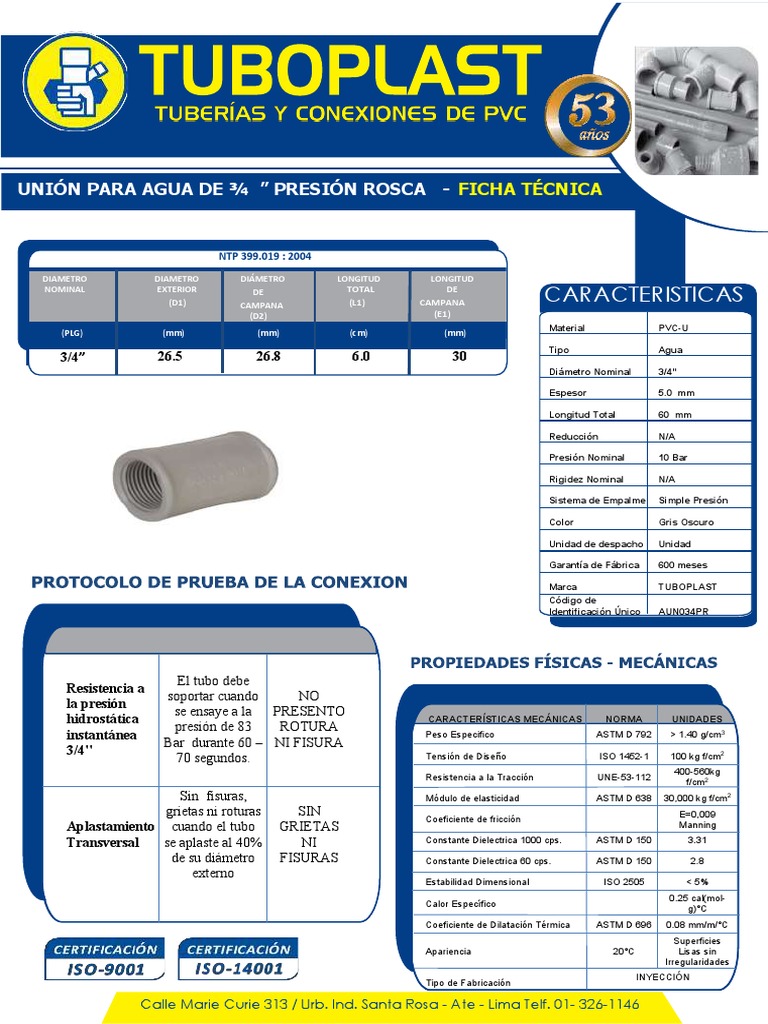 Ficha Tecnica de Union PVC PDF Física Aplicada e Interdisciplinaria