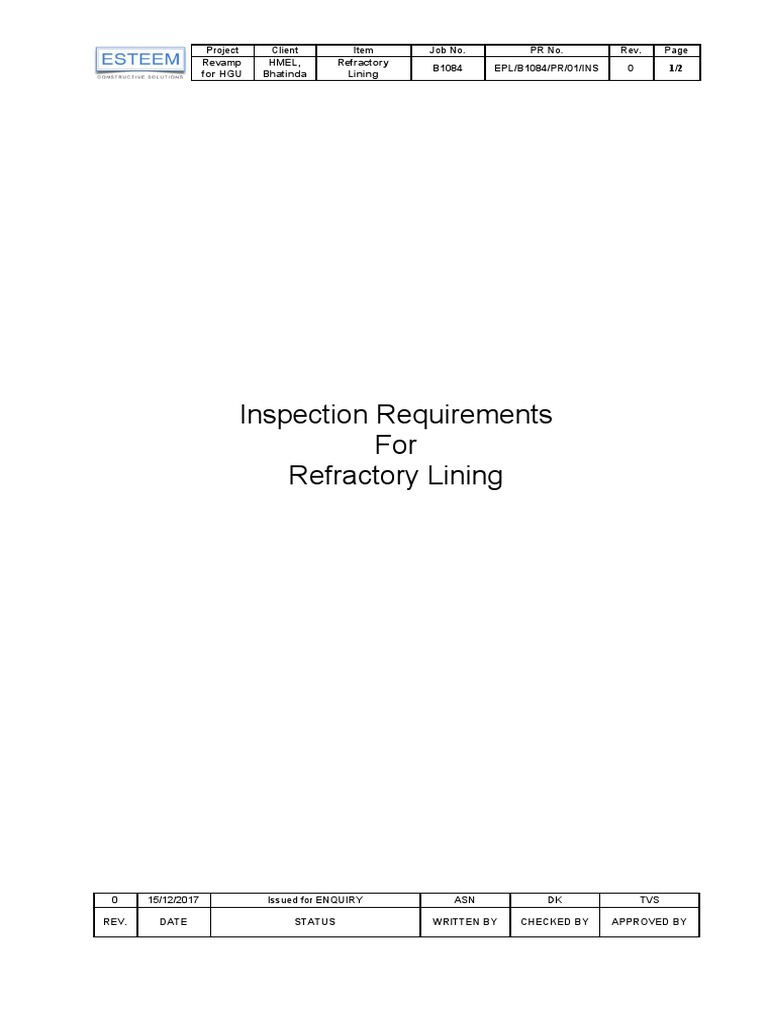 Inspection Requirements for Refractory Lining | PDF