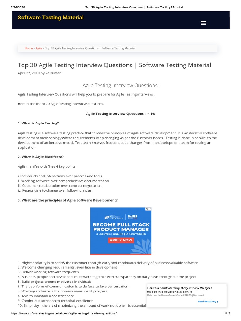 Top 30 Agile Testing Interview Questions Software Testing Material