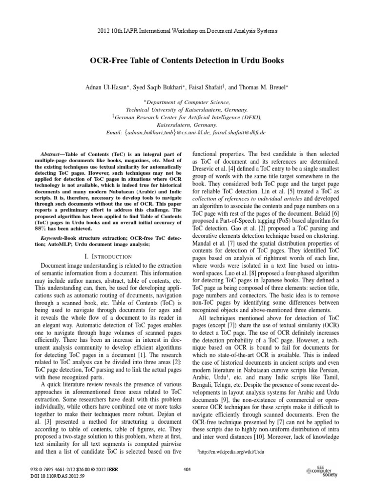 OCR Free Table of Contents Detection in Urdu Books PDF Optical