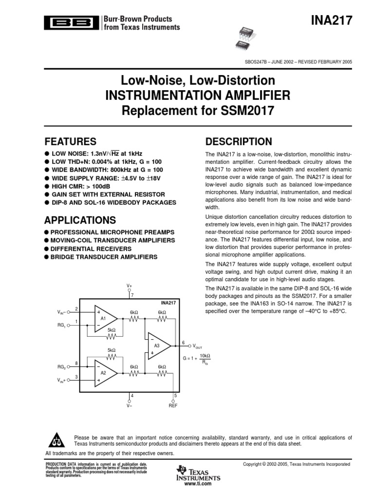 Ina 217 | PDF | Amplifier | Operational Amplifier