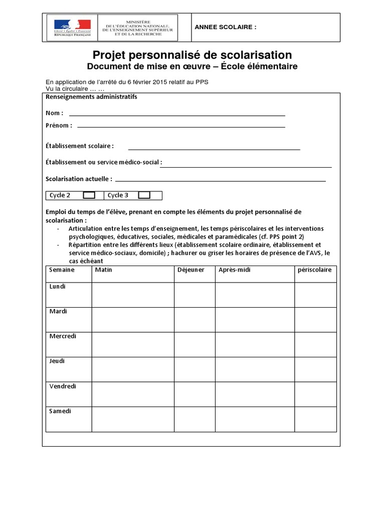 Modèle de Projet Personnalisé de Scolarisation | PDF | Pédagogie ...