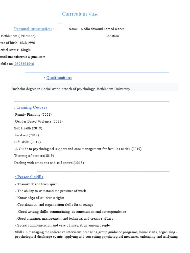 Social Work CV: Nadia Alzeer | PDF | Career & Growth | Self-Improvement