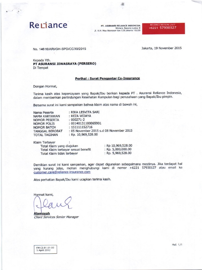 Surat Penolakan Co-Insurance Kesehatan | PDF