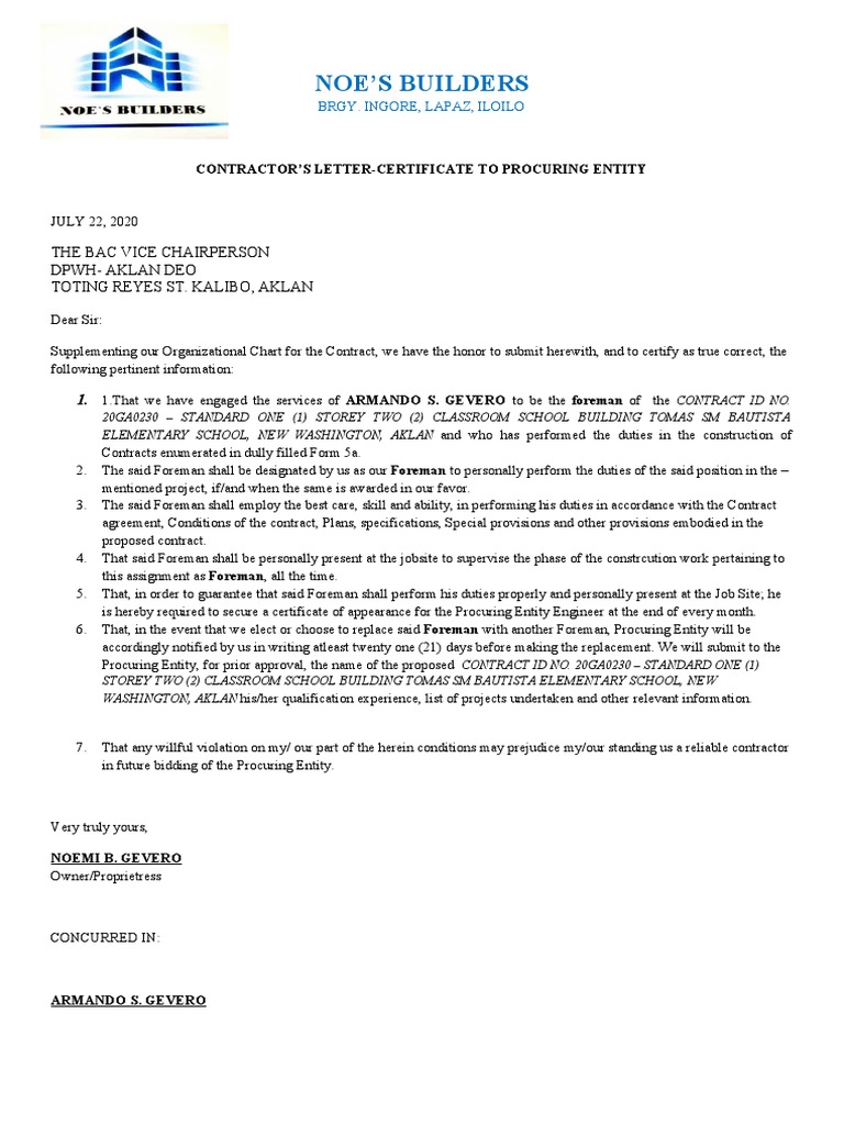 Contractor #39 s Letter Certificate (Foreman) B1 PDF Business Justice